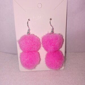 Earrings Pom Pom Pink Double Pierced Hypoallergenic Hooks Handcrafted Fun New